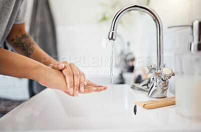 Buy stock photo Washing hands, water or covid bacteria cleaning in home bathroom, kitchen sink or house tap. Zoom on woman in safety or wellness skincare for healthcare security to stop spread of corona virus