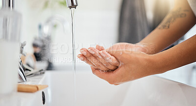 Buy stock photo Water, soap and clean woman hands in bathroom for covid 19, corona virus or healthcare safety. Cleaning and wellness background with a person washing bacteria in foam liquid for skincare or hygiene