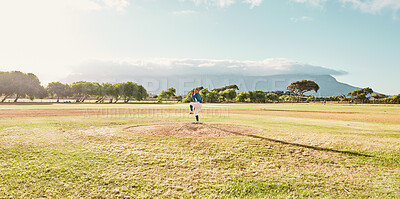 Buy stock photo Panoramic of pitcher on field for a game of baseball, ready to pitch and throw the ball. Baseball player standing alone on pitcher's mound on baseball field for practice, training and sports match
