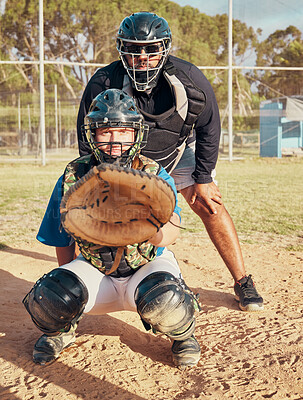 Buy stock photo Baseball, sport and training with a sports man or catcher on a field for fitness and exercise outdoor during summer. Workout, health and focus with a male player ready to catch during a game or match