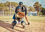 Baseball, sport and training with a sports man or catcher on a field for a competitive game or match outside. Exercise, fitness and workout with a male athlete in uniform for health and competition