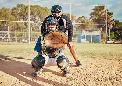 Buy stock photo Baseball, sport and training with a sports man or catcher on a field for a competitive game or match outside. Exercise, fitness and workout with a male athlete in uniform for health and competition