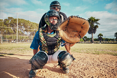 Buy stock photo Baseball, sport and team person fielder on a outdoor sports field during a exercise game or match. Fitness, training and cardio workout of a athlete man with focus ready to catch a fast ball 