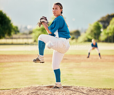 Buy stock photo Baseball pitcher, ball sports and a athlete woman ready to throw and pitch during a competitive game or match on a court. Fitness, workout and exercise with a female player training outside on field