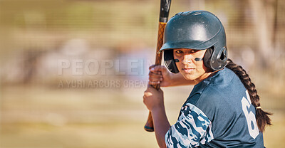 Buy stock photo Baseball woman, game face and ready to hit ball with bat on a field. Sports player with eye paint, waiting to strike and concentration to win match by competitive female batter  focus during training