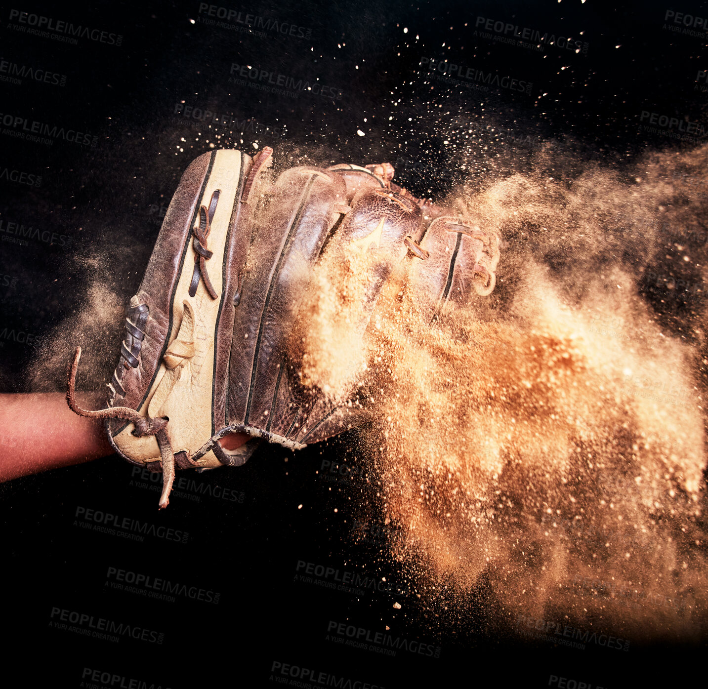 Buy stock photo Baseball, game glove and dirt studio background for catch action in sports match. Isolated leather softball athlete equipment for score in tournament with black wall for mock up.