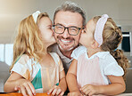 Young girls kiss the cheek of their father, embracing them in their home. Portrait of daughters kissing the face of dad, having fun, showing love and affection. Happy, smiling and cute family