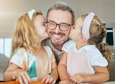 Buy stock photo Young girls kiss father face, embracing them in their home. Portrait of daughters kissing the cheek of dad, having fun, showing love and affection. Happy, smiling and cute family