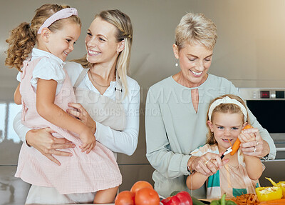 Buy stock photo Family cooking, happy lunch and children helping with mother and grandmother with healthy breakfast in kitchen. Mom and grandma teaching kids with food, smile for health salad and nutrition diet