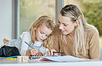 Mother help youth girl with school work, homework or preschool education while writing in notebook. Mom helping, teaching or tutor daughter, student or young learning kid in math, history or english