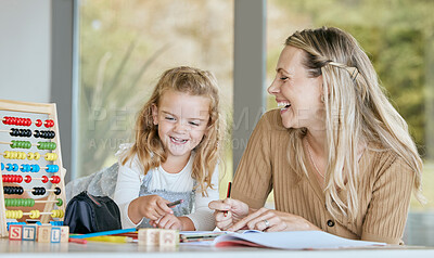 Buy stock photo Math, school work and family learning education, comic conversation while studying in books and happy with student at table in home. Mother and girl doing homework for knowledge at desk in house