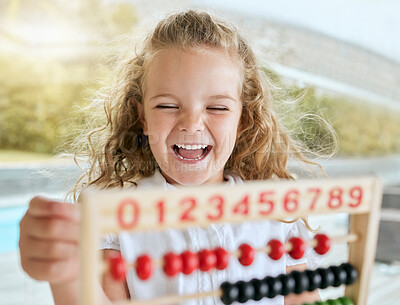 Buy stock photo Learning math, abacus smile and girl studying with tool for help, easy education at school and excited in classroom at kindergarten. Happy, funny and comic student counting with equipment in home