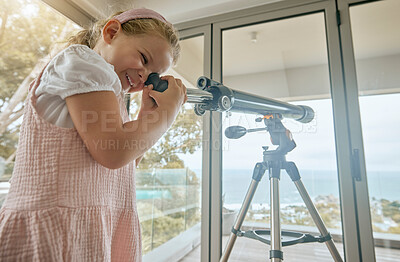 Buy stock photo Young kids, telescope and home learning about planets, stars and sky in space. Excited, curious and happy girl play, watch and study view of universe, science and moon for fun educational development