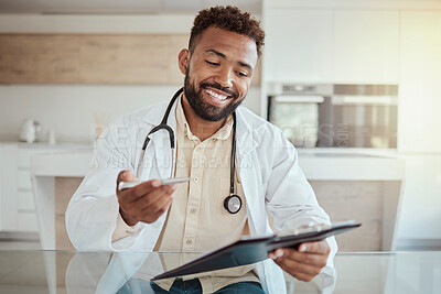 Buy stock photo Medical, consulting and checklist with doctor at desk in hospital or clinic for trust, communication and help. Documents, medicine and healthcare with black man for therapy, check and results 