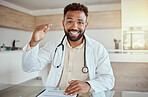Doctor, consulting and talk on video call in home office with paper documents, test results or hand gesture. Happy smile portrait of medical or healthcare wellness worker in insurance help telehealth