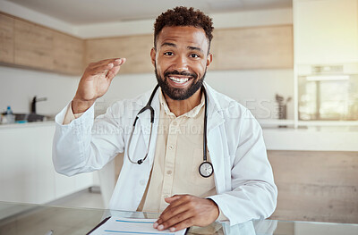Buy stock photo Doctor, consulting and talk on video call in home office with paper documents, test results or hand gesture. Happy smile portrait of medical or healthcare wellness worker in insurance help telehealth