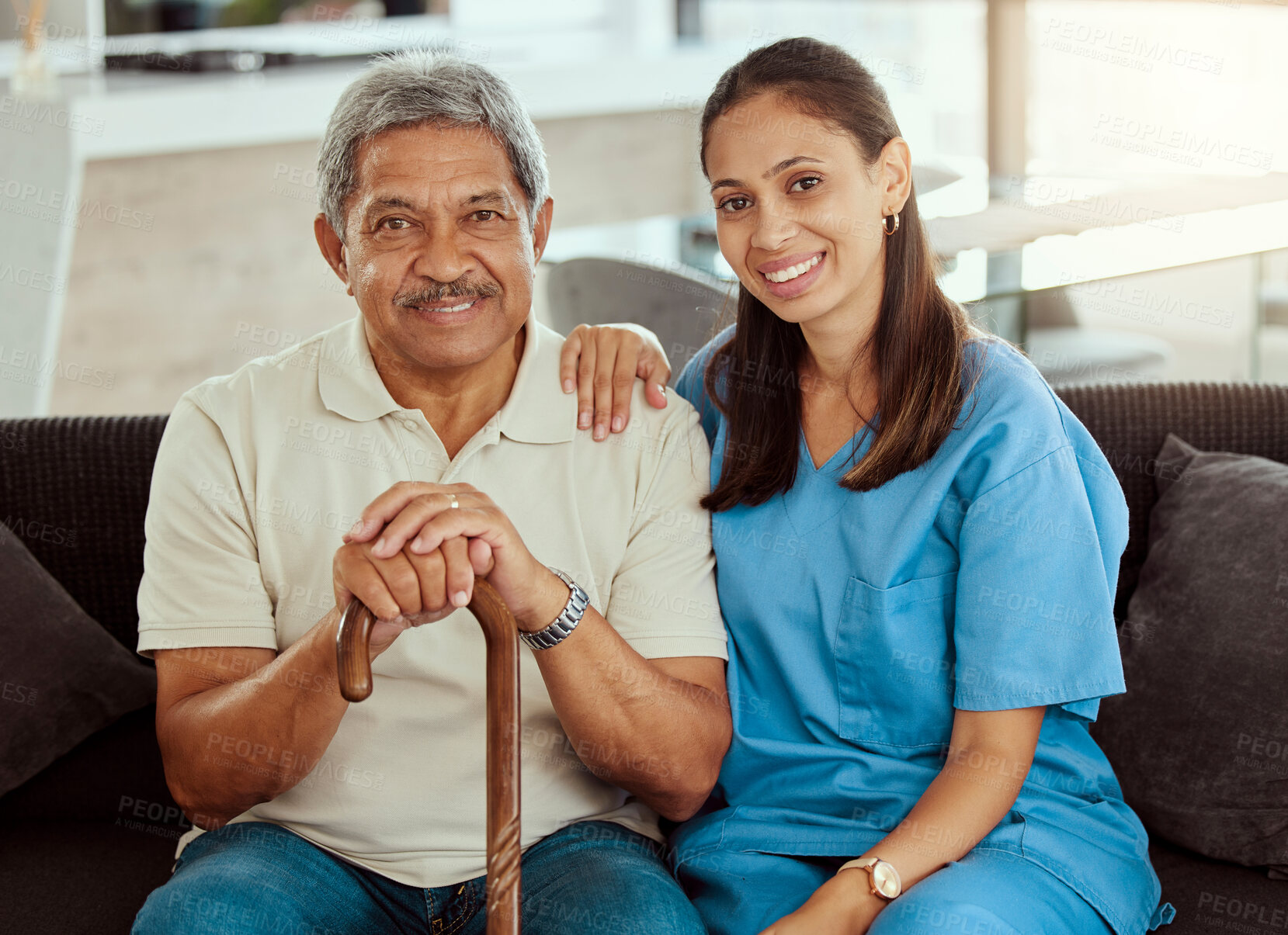 Buy stock photo Nurse, portrait and senior man bonding, sitting on sofa during a checkup at assisted living facility. Elderly care, support and nursing with young woman caregiver help, retirement and treatment
