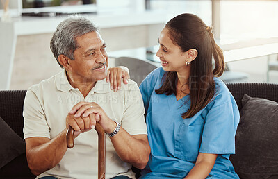 Buy stock photo Nurse, healthcare and senior patient with medical support from caregiver, aid or hospice for health, wellness and healthy communication in retirement. Elderly man with trust in woman in old age home