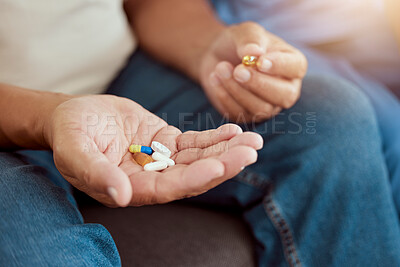 Buy stock photo Man hands, medicine pills and healthcare tablets for wellness, pain relief support and illness cure. Closeup medical drugs, healthy supplements and pharmaceutical antibiotics for sick patient healing