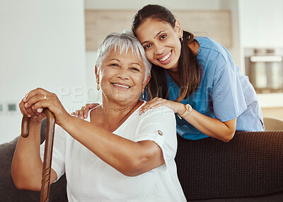 Buy stock photo Healthcare, homecare and nurse with grandma to support her in retirement, medical and old age. Caregiver, volunteer and trust of a social worker helping senior woman with demantia or alzheimer