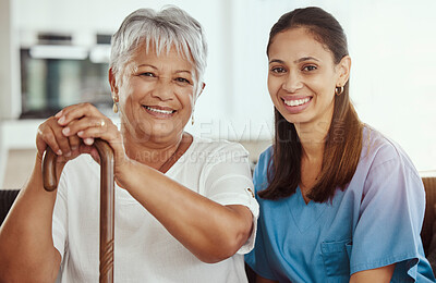 Buy stock photo Healthcare, doctor and elderly woman bonding, sitting on sofa during a checkup at assisted living facility. Senior care, support and nursing with young caretaker discussing option and treatment