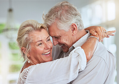 Buy stock photo Retirement, hug and happy couple celebration, dancing together with love and happiness in their home. Celebrate, dance and marriage affection of senior people for valentines day in summer house