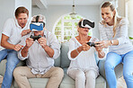 Futuristic family with video game VR or virtual reality glasses  in home with couple helping senior people. Metaverse, future games and elderly women play ai 3D simulation software app together