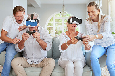 Buy stock photo Futuristic family with video game VR or virtual reality glasses  in home with couple helping senior people. Metaverse, future games and elderly people play ai 3D simulation software app together