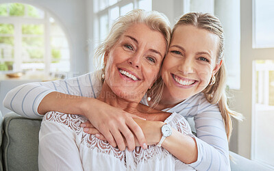 Buy stock photo Women, hug and family bond on mothers day in a house living room and home interior. People portrait, smile and happy woman with senior and retirement elderly in trust, love and support on lounge sofa