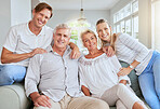 Family portrait in living room or parents house with women, men and happy senior retirement couple. Happiness, love and care for grandparents in summer holiday house with lens flare for mental health