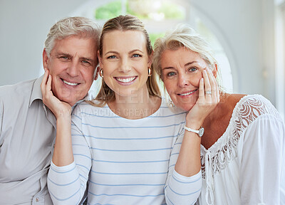 Buy stock photo Care, support and portrait of grandparents with daughter for happy family, generations and love. Motivation, retirement and wellness with elderly parents and woman together in family home 