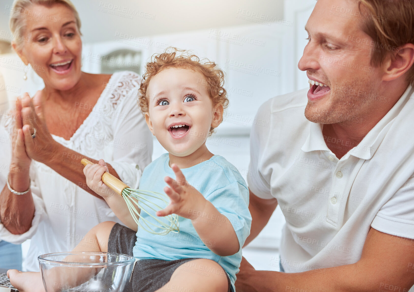 Buy stock photo Mother, father and baby baking as a happy family in a kitchen enjoys quality time and the weekend together. Development, learning and mom cheering for her young child with dad and ready to bake cake 