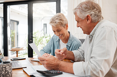 Buy stock photo Senior couple, finance and investment or paying their bills at home. Married man and woman use calculator, checking their budget and retirement plan. Smiling mature people planning for future pension