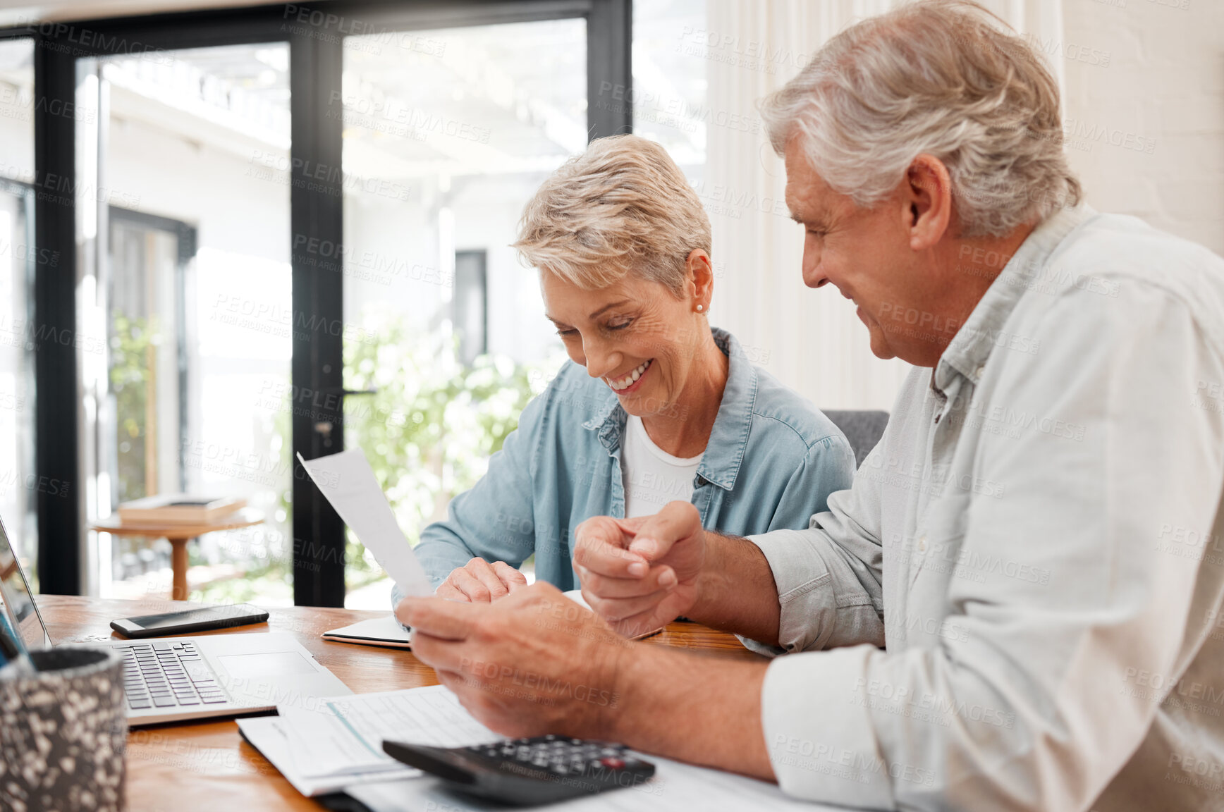 Buy stock photo Senior couple, finance and investment or paying their bills at home. Married man and woman use calculator, checking their budget and retirement plan. Smiling mature people planning for future pension