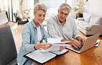 Retirement couple budget, finance and investment planning, loan and paper bills with laptop technology at home. Mature people money, cash savings and legal insurance document report on online banking