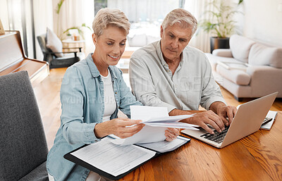 Buy stock photo Retirement couple budget, finance and investment planning, loan and paper bills with laptop technology at home. Mature people money, cash savings and legal insurance document report on online banking