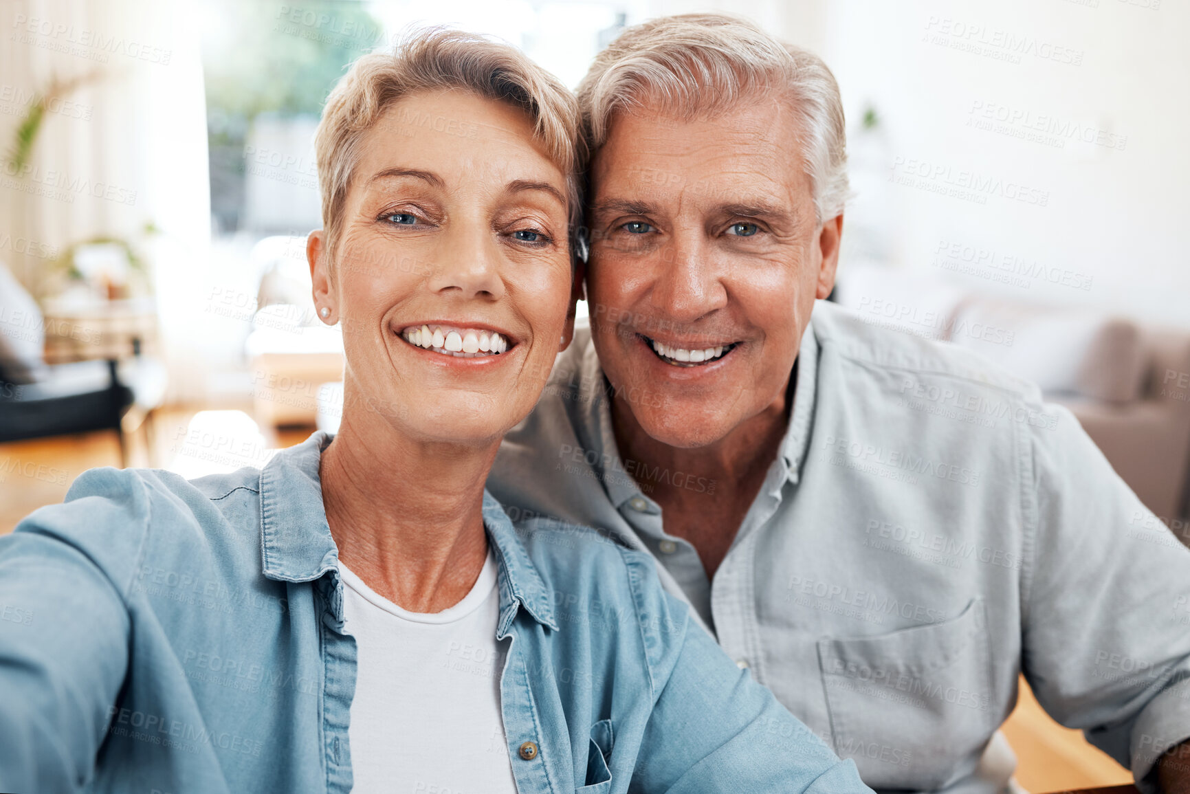 Buy stock photo Senior couple selfie portrait in home lounge for love, care and relaxing day together. Faces of smile man, happy woman and retirement people enjoying video call, quality time and close marriage bond