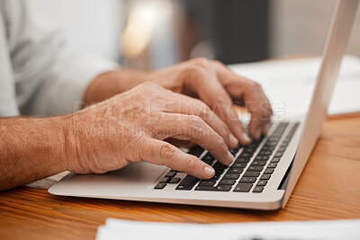 Buy stock photo Senior hands, laptop and typing email, online web search or writing article using computer keyboard at home. Closeup man, freelancer or remote worker using information technology with wifi connection