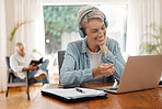 Remote woman, video call or laptop webinar
training on online zoom call meeting in home office or house room interior. Smile, happy or elderly worker with headphones working on startup tech interview