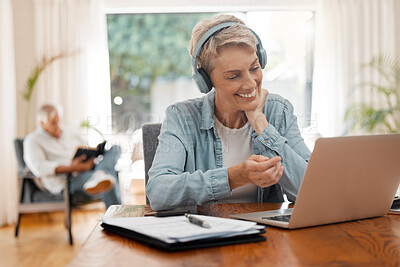 Buy stock photo Remote woman, video call or laptop webinar
training on online zoom call meeting in home office or house room interior. Smile, happy or elderly worker with headphones working on startup tech interview