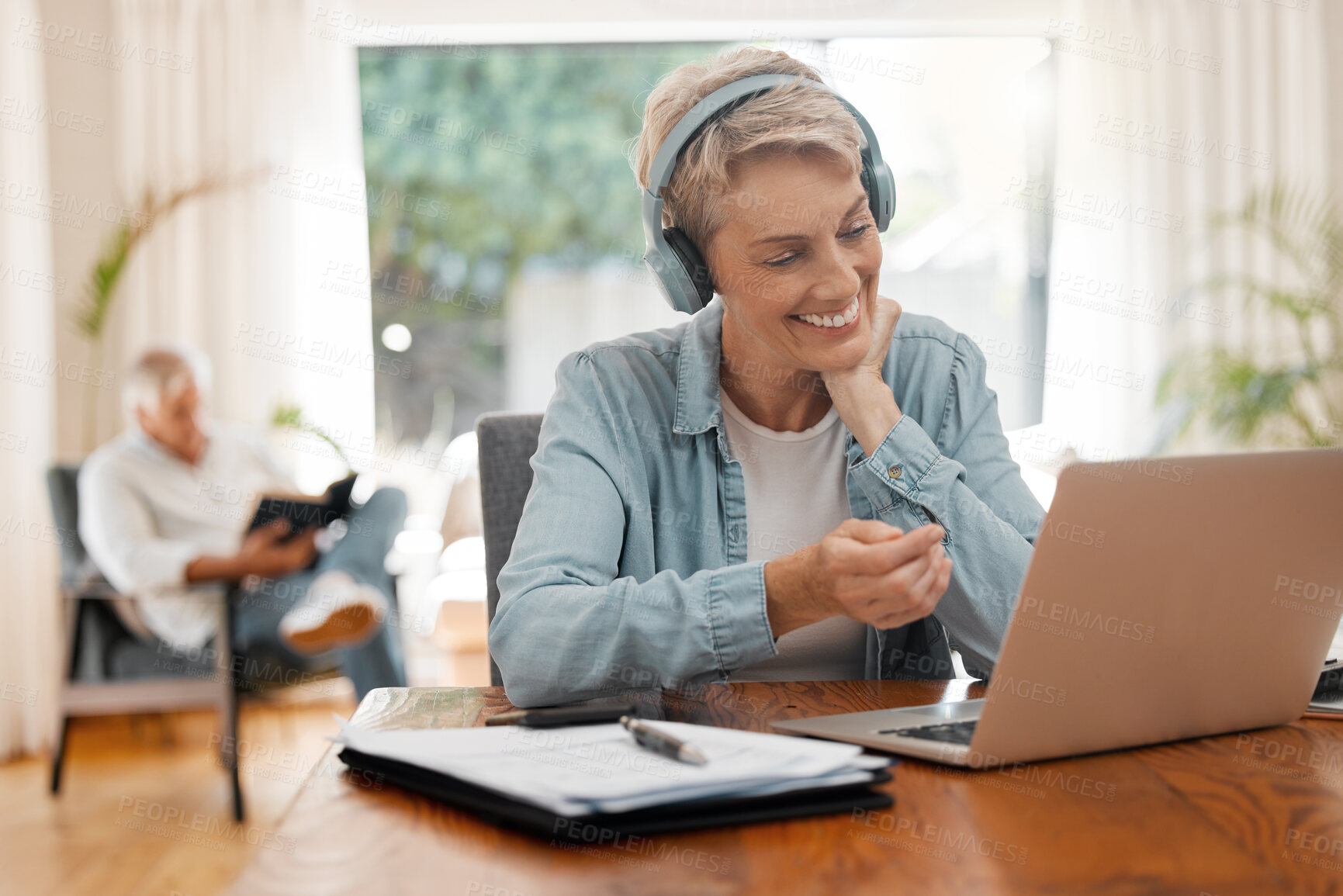 Buy stock photo Remote woman, video call or laptop webinar
training on online zoom call meeting in home office or house room interior. Smile, happy or elderly worker with headphones working on startup tech interview