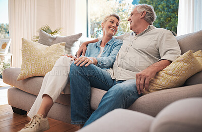 Buy stock photo Retirement couple smile on sofa talking about happy marriage, pension and wealth in home or holiday house.  Hug, love and care senior woman with man relax on couch together in living room for summer