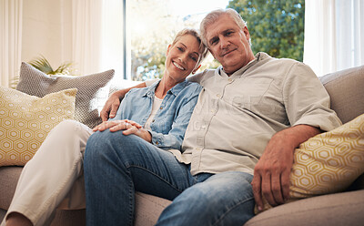 Buy stock photo Happy, relax and senior couple love to enjoy quality time, retirement and weekend at home together. Smile, portrait and elderly woman and old man on sofa in peace, happiness and in a healthy marriage