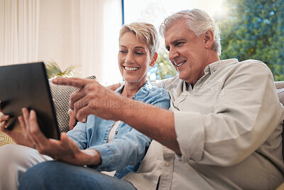 Buy stock photo Senior couple, tablet and social media communication or video call of elderly husband and wife relaxing on couch at home. Happy retired man and woman streaming online internet web content on tech.