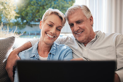 Buy stock photo Happy senior couple with digital tablet on the sofa watching a movie, social media and funny meme while relax. Man and woman smile while streaming on an app and bonding together in the living room