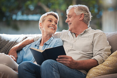 Buy stock photo Senior, couple and pension people reading with a happy smile in a home living room sofa. Retirement of elderly man and woman smiling with calm happiness on a house couch with a book together