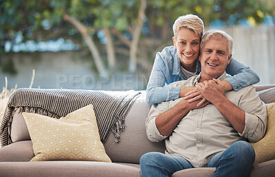 Buy stock photo Mature couple, love bond and hug on house patio, home garden sofa and relax furniture chair in backyard. Portrait of smile, happy and retirement senior or man and woman in trust, security and safety