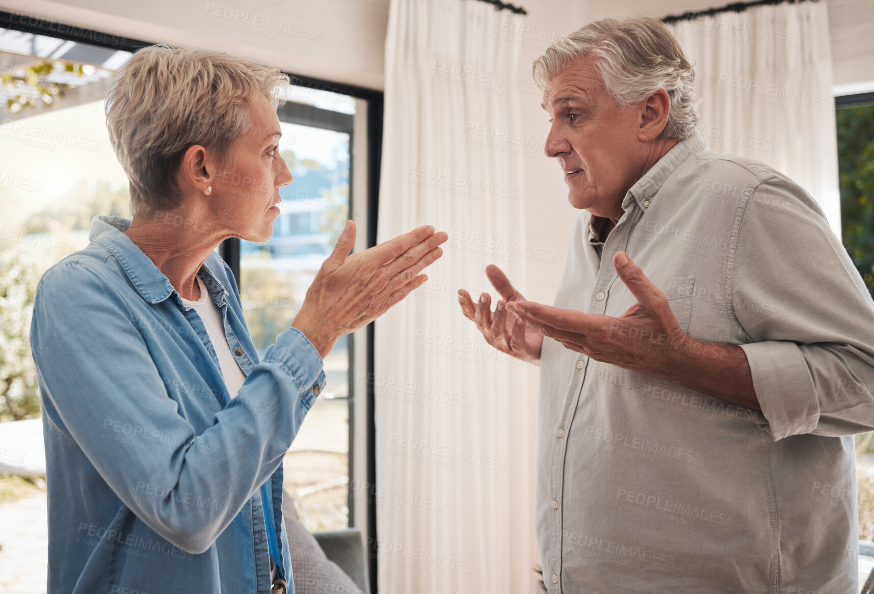 Buy stock photo Mature couple fight, divorce and conflict problem in conversation with anger, blame and stress at home. Angry woman, frustrated man and senior partners breakup argument about cheating marriage affair