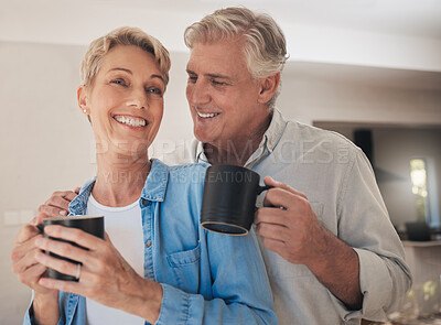 Buy stock photo Coffee, love and old couple smile in home drinking beverage, caffeine or cappuccino. Relax, retirement and tea with elderly, happy married man and woman together care, affection and support in house.