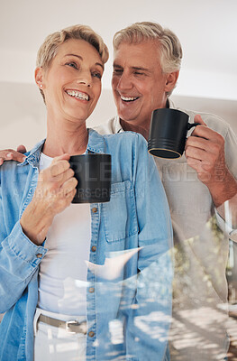 Buy stock photo Retirement, relax and coffee with couple in the morning together for love, happy and support. Care, drink and smile with elderly man and old woman for marriage, happiness and breakfast at home